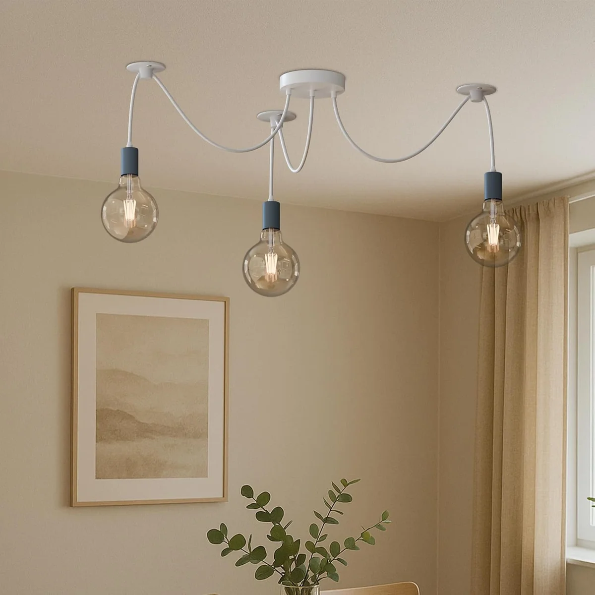 Industrial vintage style 3 way pendant light with three adjustable E27 bulb holders and metal ceiling plate
