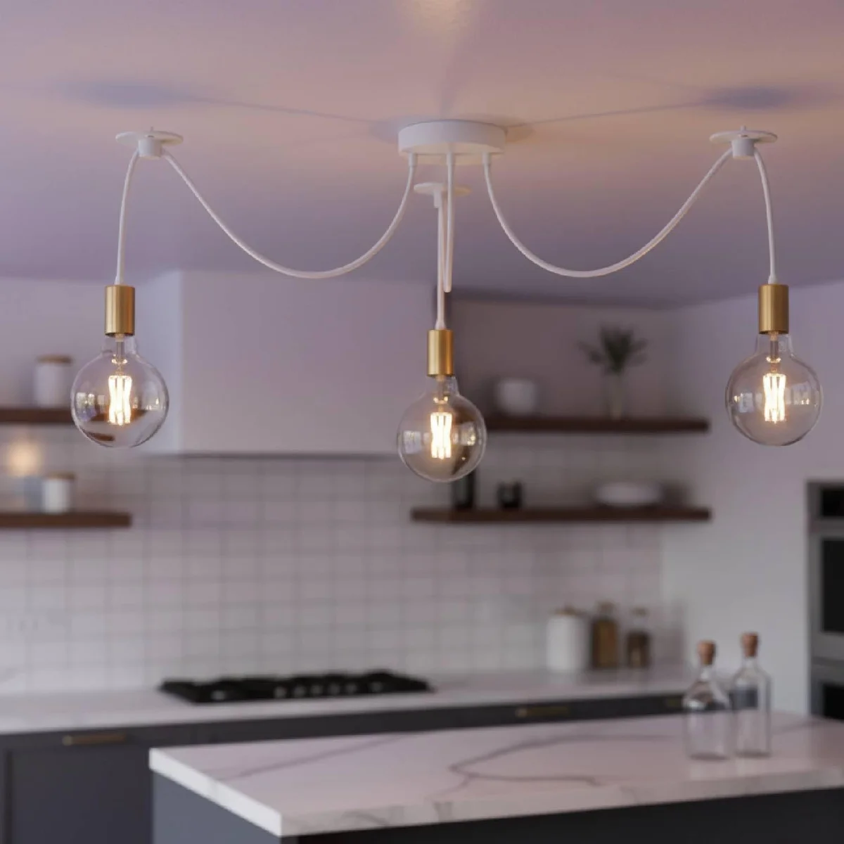 Industrial vintage ceiling light with three adjustable E27 bulb holders and metal shades hanging from a ceiling plate