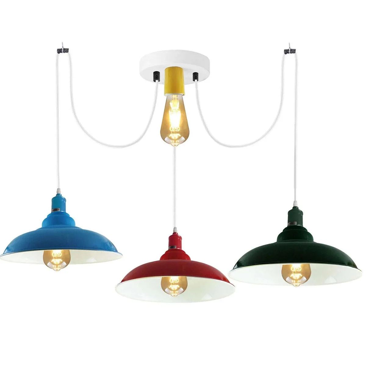 Vintage industrial 3-way dimmable pendant ceiling light with adjustable metal shades and 95cm cables hanging from ceiling plate