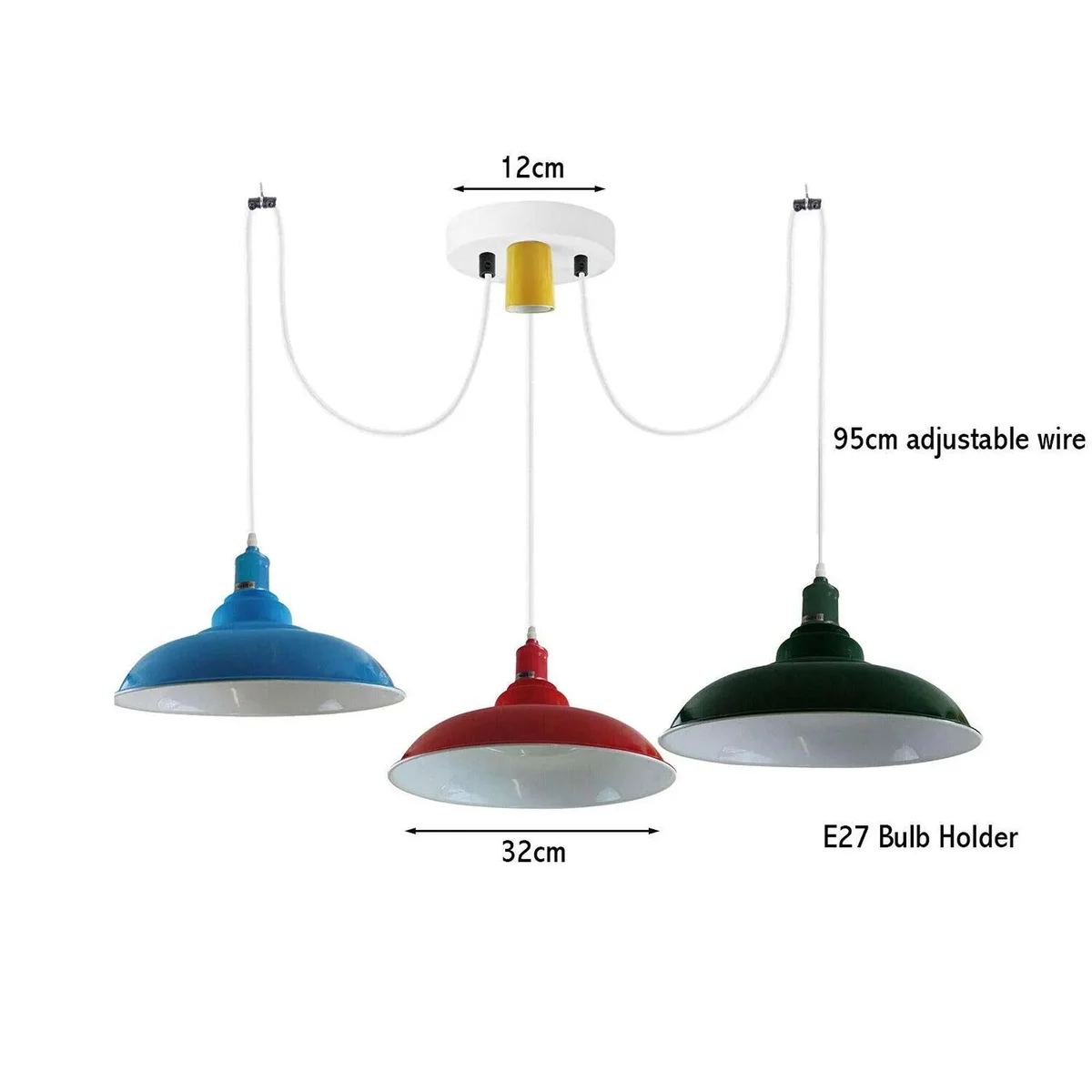 Industrial vintage 3 way pendant light with three adjustable E27 bulb holders and metal ceiling plate hanging indoors