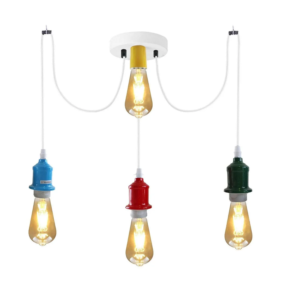 Vintage industrial 3 way pendant light with three adjustable E27 bulb holders and metal ceiling plate on white background
