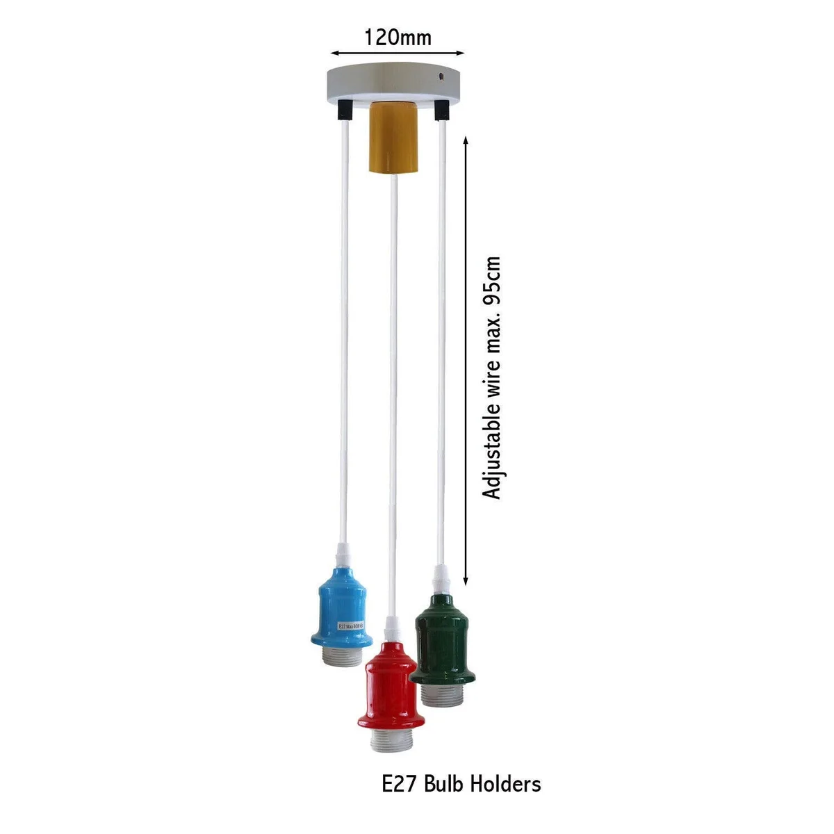 Industrial vintage 3 way pendant light with three adjustable E27 bulb holders and metal ceiling plate hanging indoors