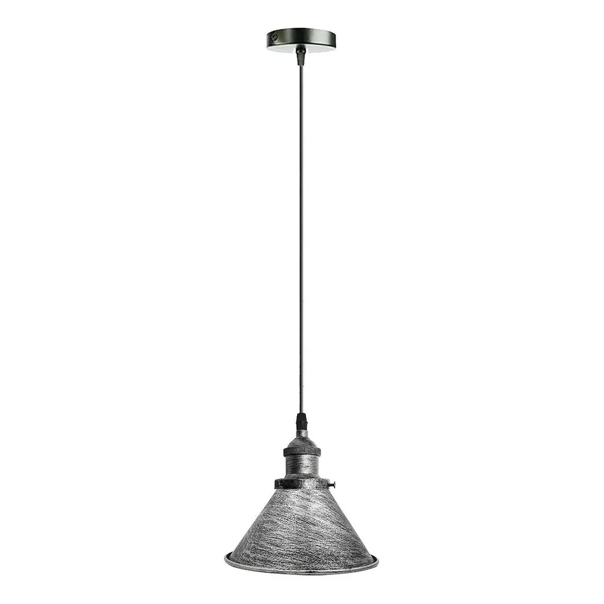 Vintage pendant light with polished metal finish hanging from ceiling, casting warm, diffused glow in indoor setting