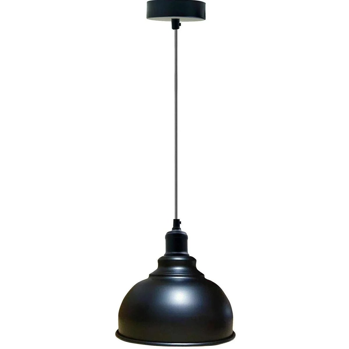Vintage pendant light with polished metal finish and warm diffused glow hanging from ceiling in modern room setting