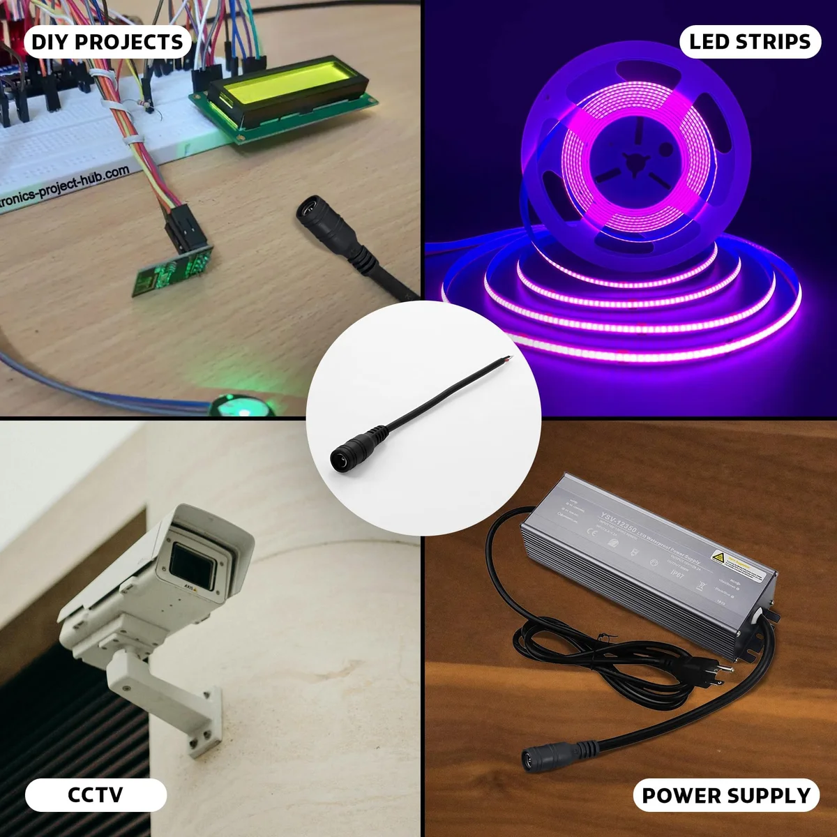 Three plastic LED strip light connector cables with JST male and female connectors on a white background