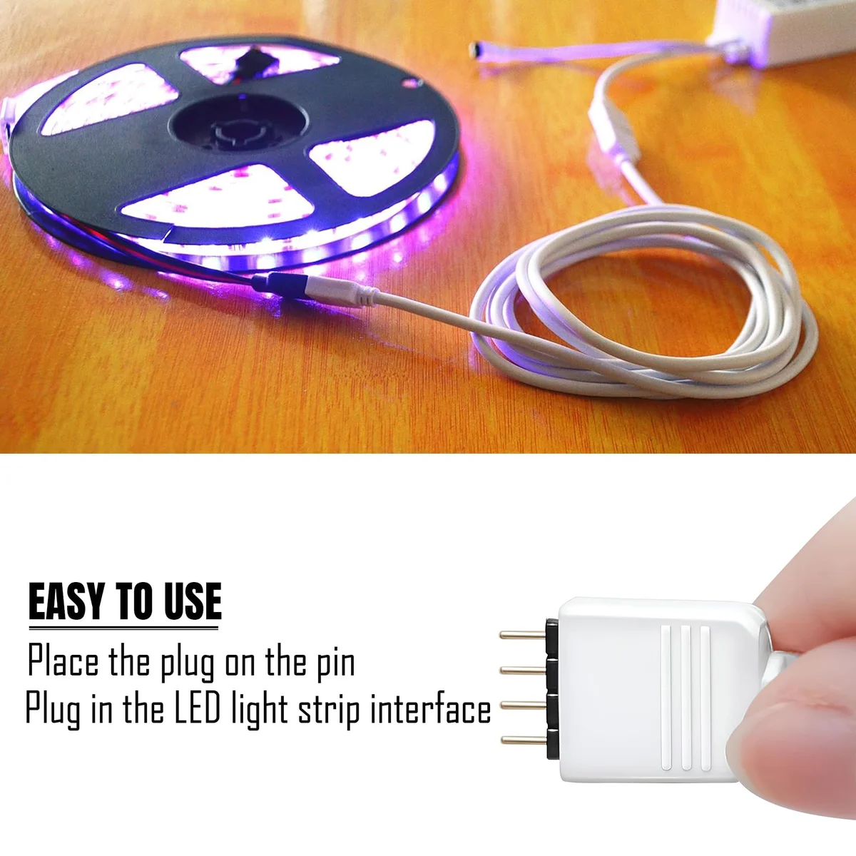 Three plastic LED strip light adapters with JST male and female connectors for easy installation and extension of LED strips