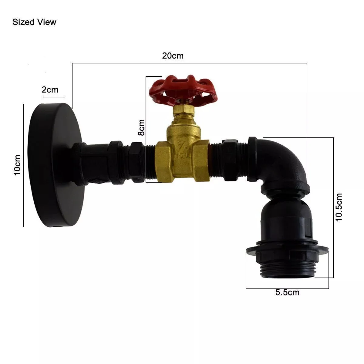 Black vintage metal pipe wall light with tap valve and cage, designed for E27 bulbs, mounted on a wall