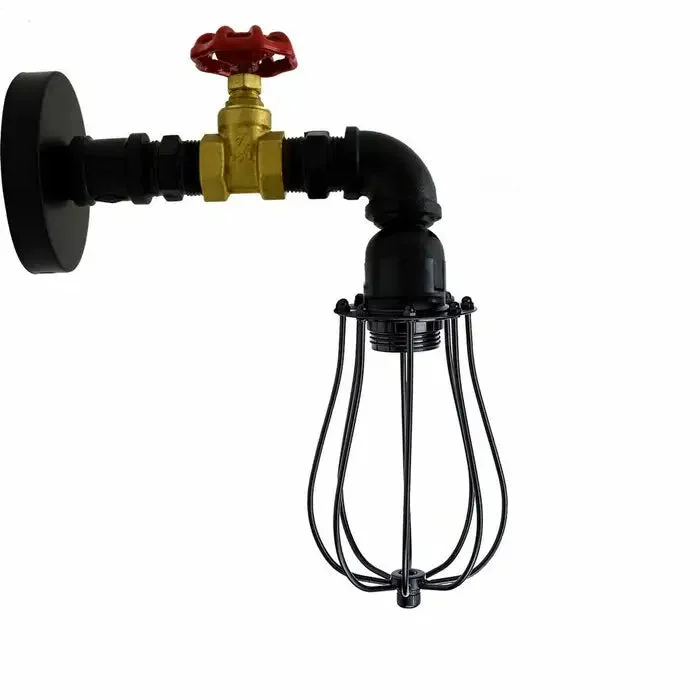 Vintage industrial black metal E27 wall light with exposed pipe and tap valve, suitable for steampunk decor