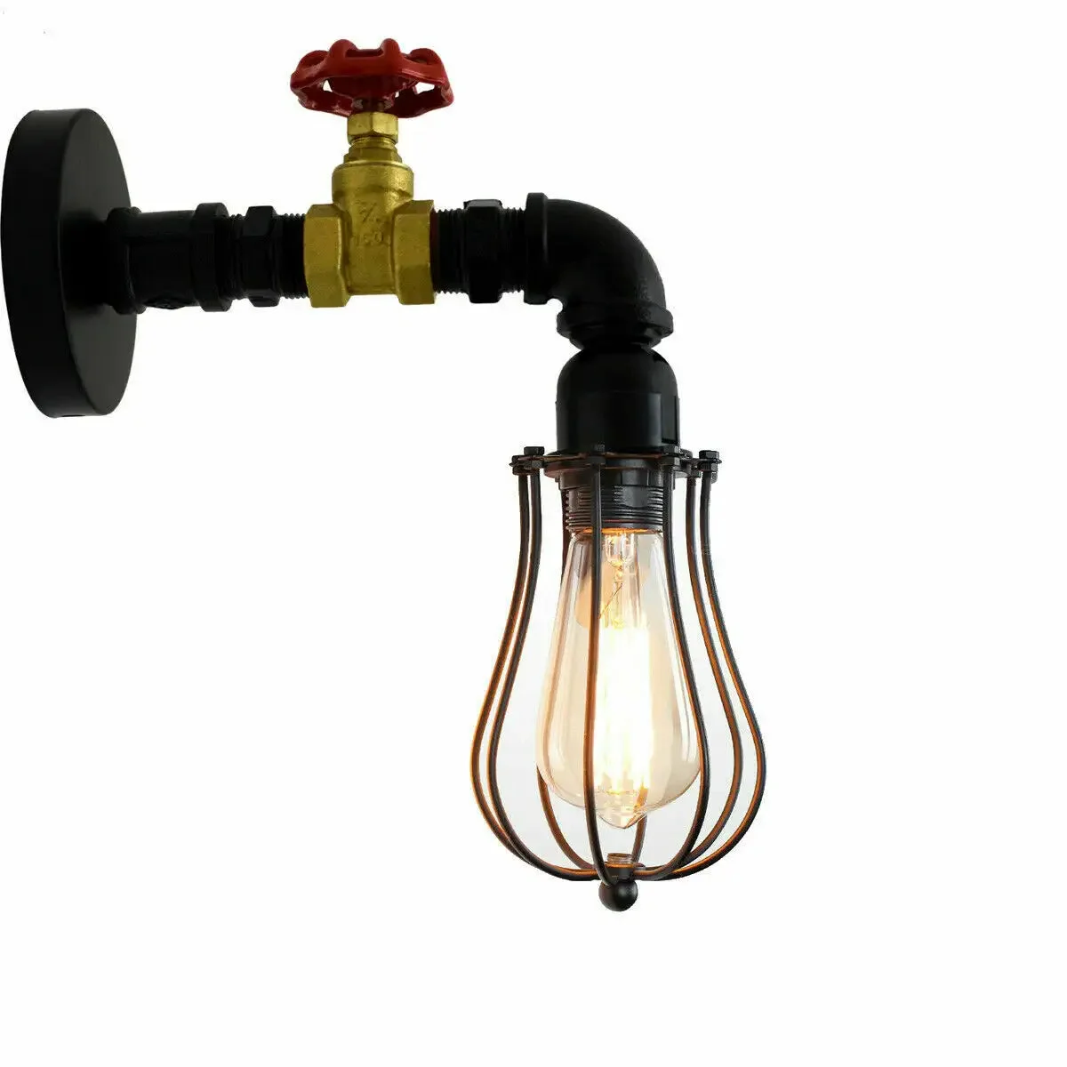 Black retro pipe lamp wall light with tap valve design and metal cage, suitable for E27 bulbs, mounted on wall