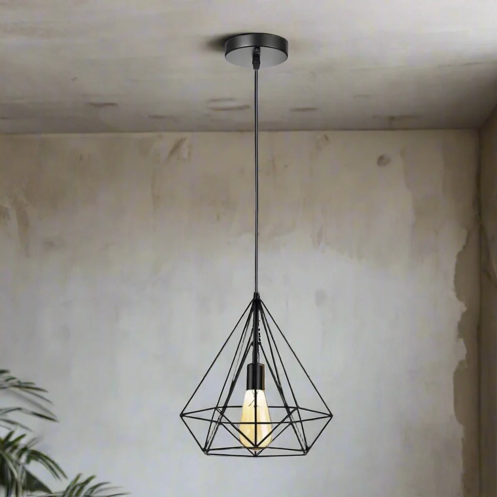 Vintage pendant light with industrial diamond cage design and metal finish hanging from ceiling cable