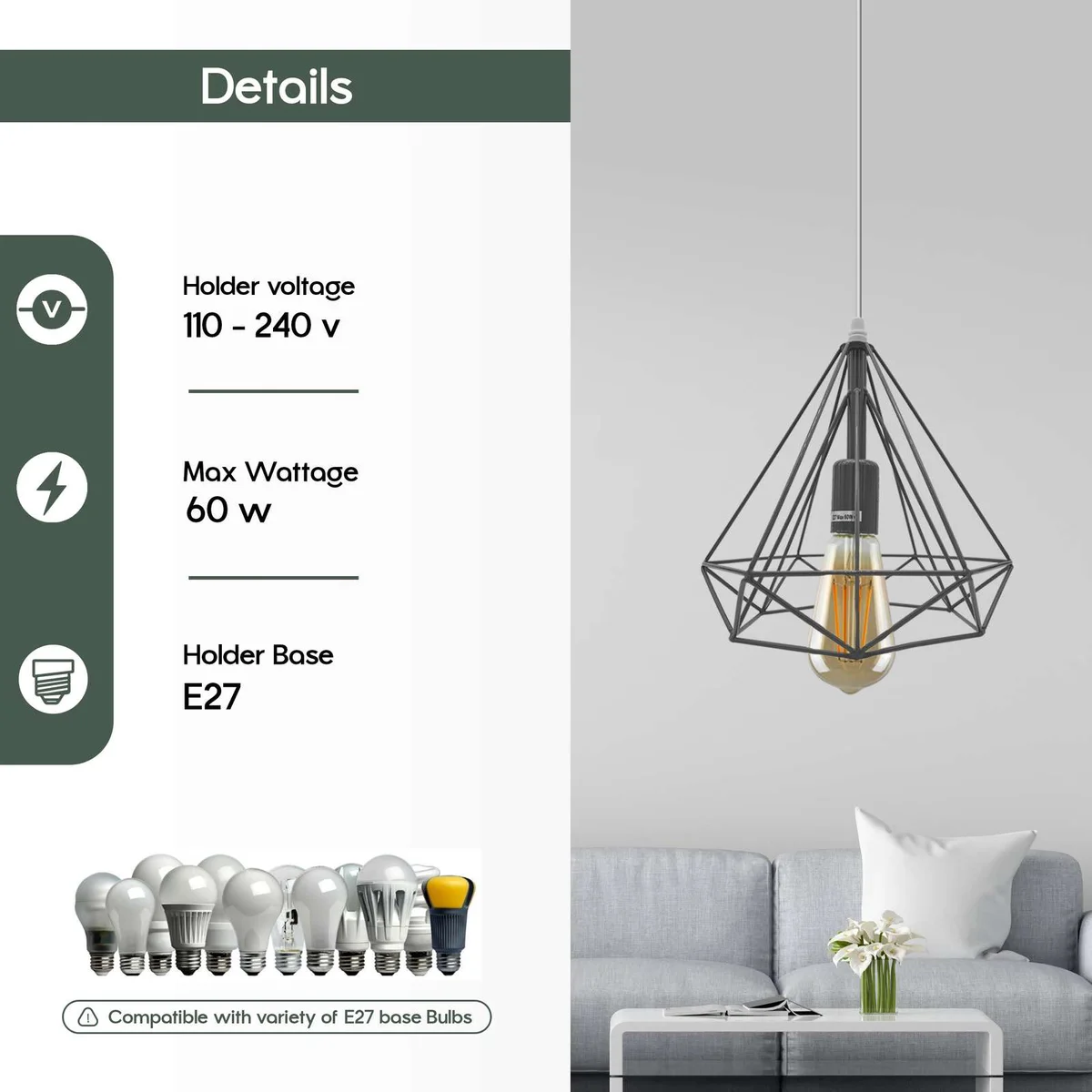 Vintage industrial ceiling light with diamond metal cage pendant and 95cm cable, suitable for E27 bulbs and indoor use