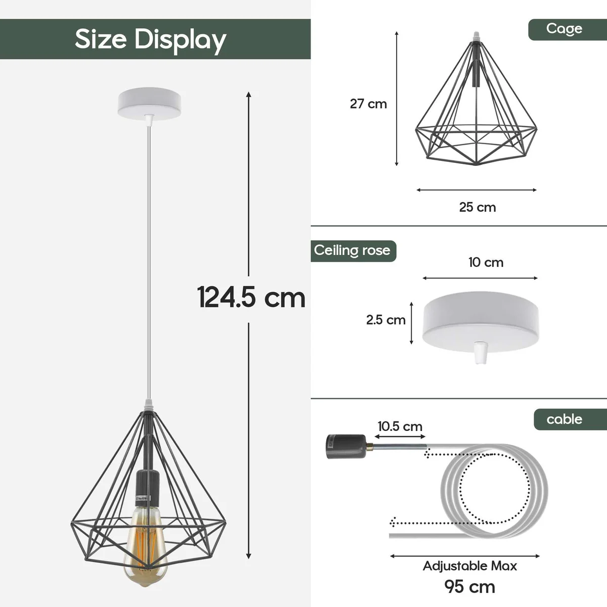 Vintage industrial metal pendant lamp with diamond cage design and black finish hanging from ceiling cable