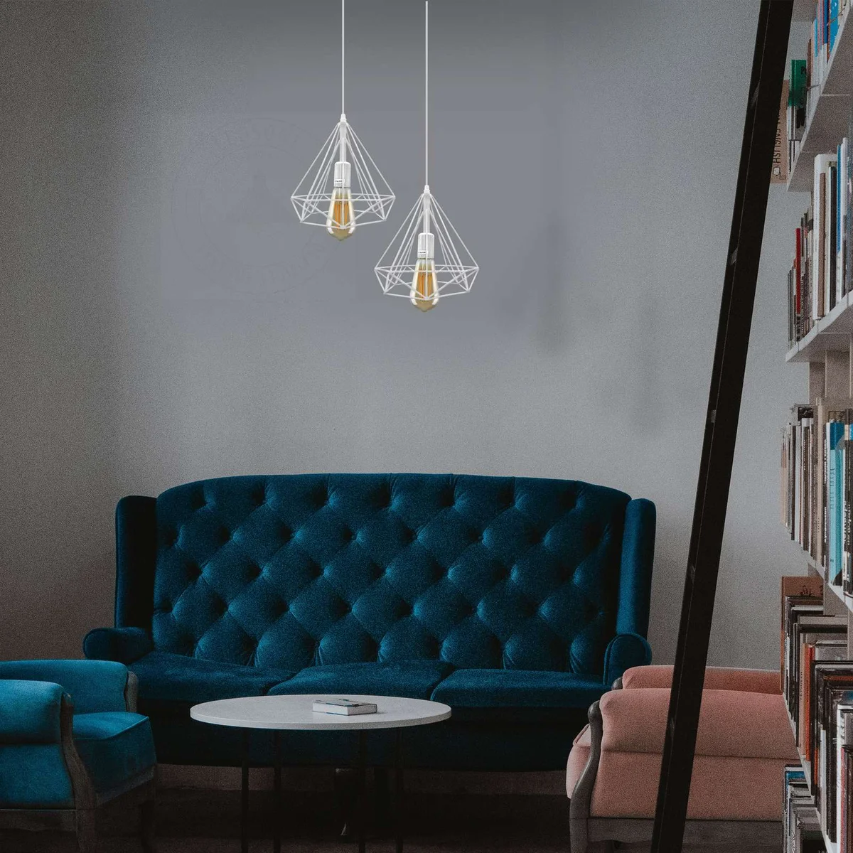 Vintage pendant light with diamond metal cage and black finish hanging from ceiling, suitable for indoor use with E27 bulb