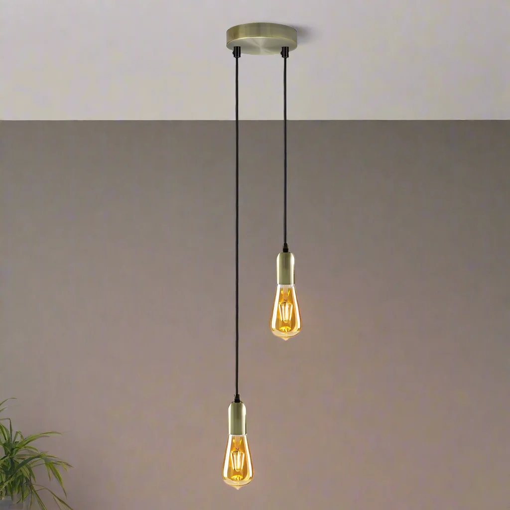 Modern vintage 2 head ceiling pendant light with metal finish and adjustable hanging cables, suitable for indoor use