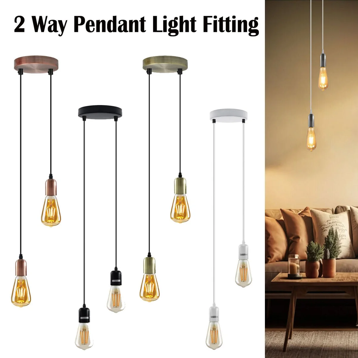 Vintage style metal ceiling pendant with two adjustable E27 bulb heads and a sleek modern design in black finish