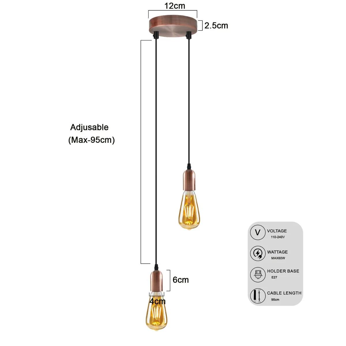 Vintage metal 2 head ceiling pendant light with adjustable height light feature and E27 bulb holders in modern style