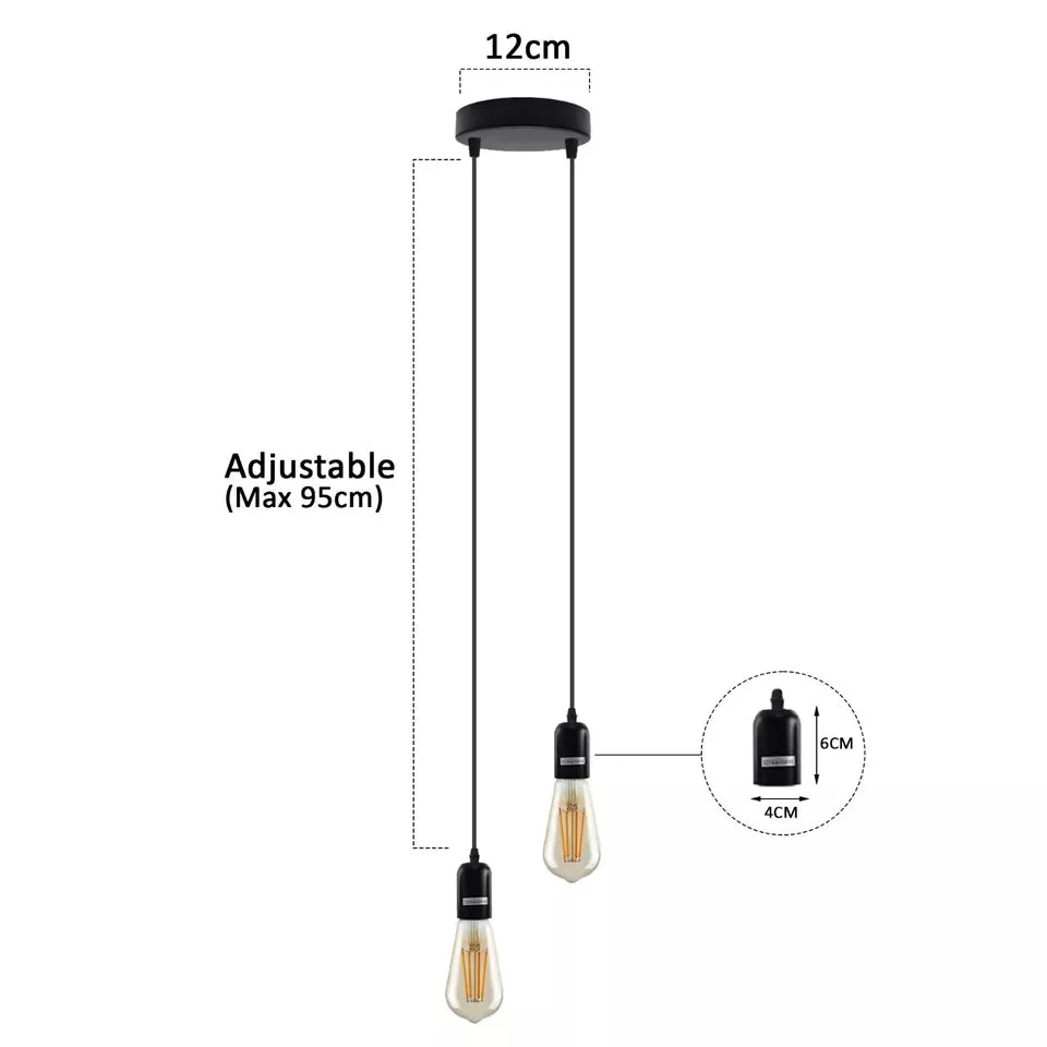 Two-head metal modern ceiling light pendant with adjustable hanging cables and E27 bulb holders in black finish