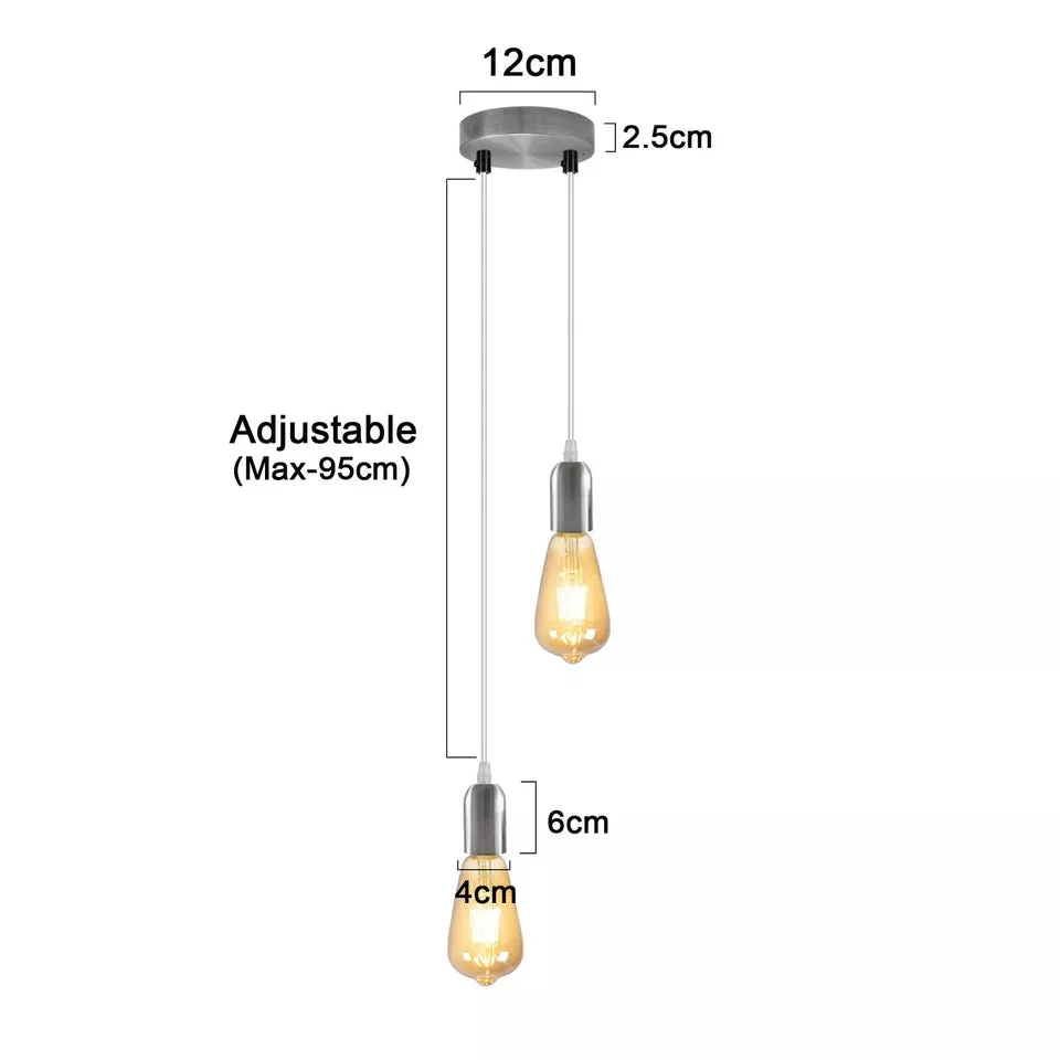 Modern 2 head ceiling pendant light with adjustable metal arms and E27 bulb holders, shown installed indoors