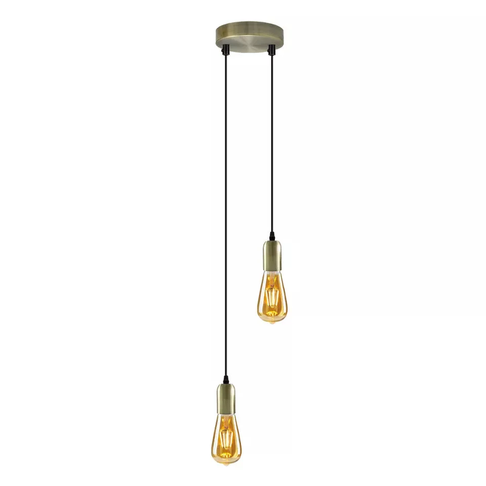 Modern 2 head ceiling pendant light fitting in metal with adjustable hanging cables and E27 bulb holders against white background