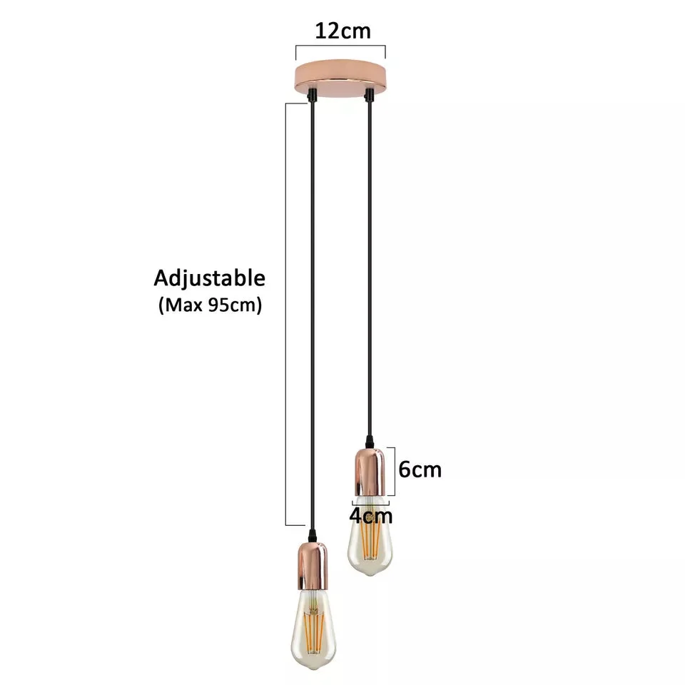 Modern 2 head ceiling pendant light fitting in metal with adjustable hanging cables and E27 bulb holders, shown installed indoors