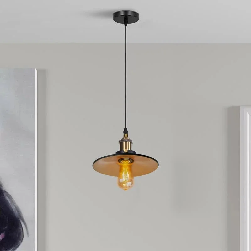 Vintage industrial metal cone shade E27 bulb pendant light with 95cm adjustable black PVC cable hanging from ceiling
