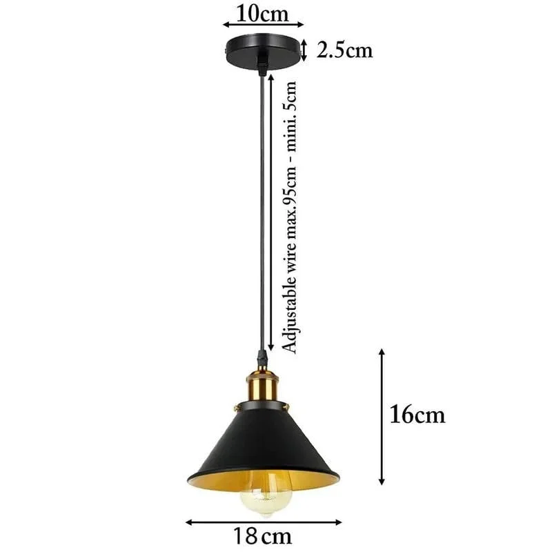 Industrial vintage indoor pendant lamp with metal cone shade and adjustable 95cm PVC cable, ceiling mounted design