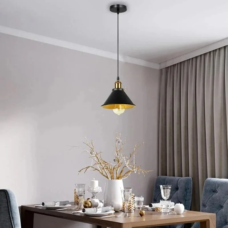 Industrial vintage pendant light with metal cone shade hanging from adjustable 95 cm PVC cable, suitable for indoor use
