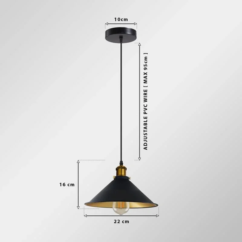 Industrial vintage pendant light with metal cone shade, adjustable 95cm cable, E27 bulb base, ceiling mounted design