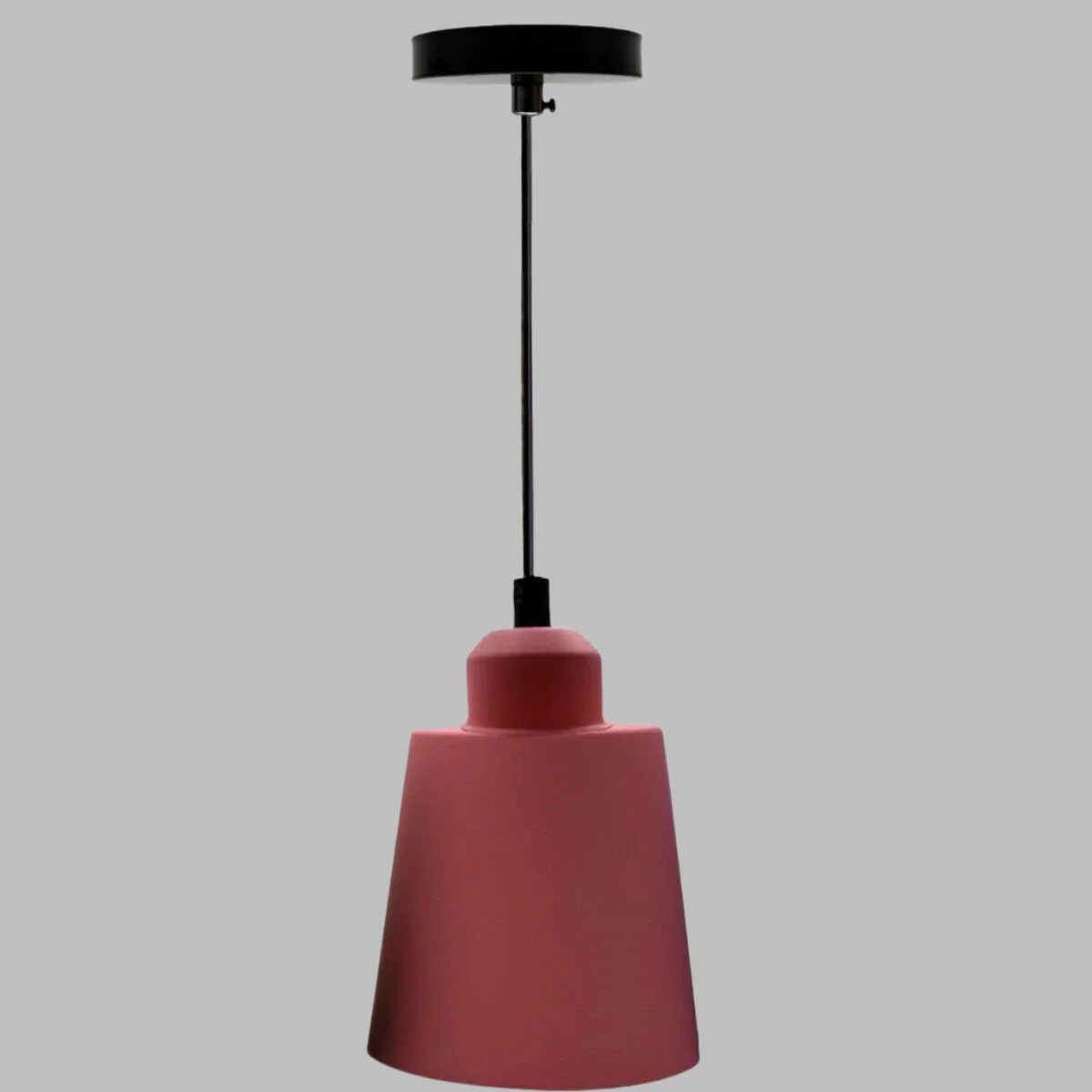 Rustic red metal E27 pendant light hanging from ceiling, showcasing modern indoor ceiling lighting in a living space