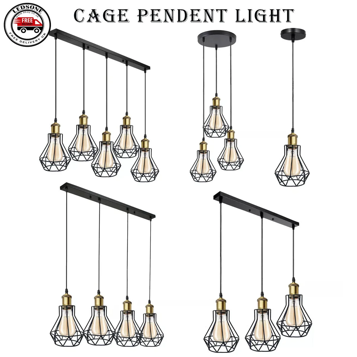 Vintage style 3 light pendant ceiling light with metal cage shades and adjustable hanging chain in warm finish
