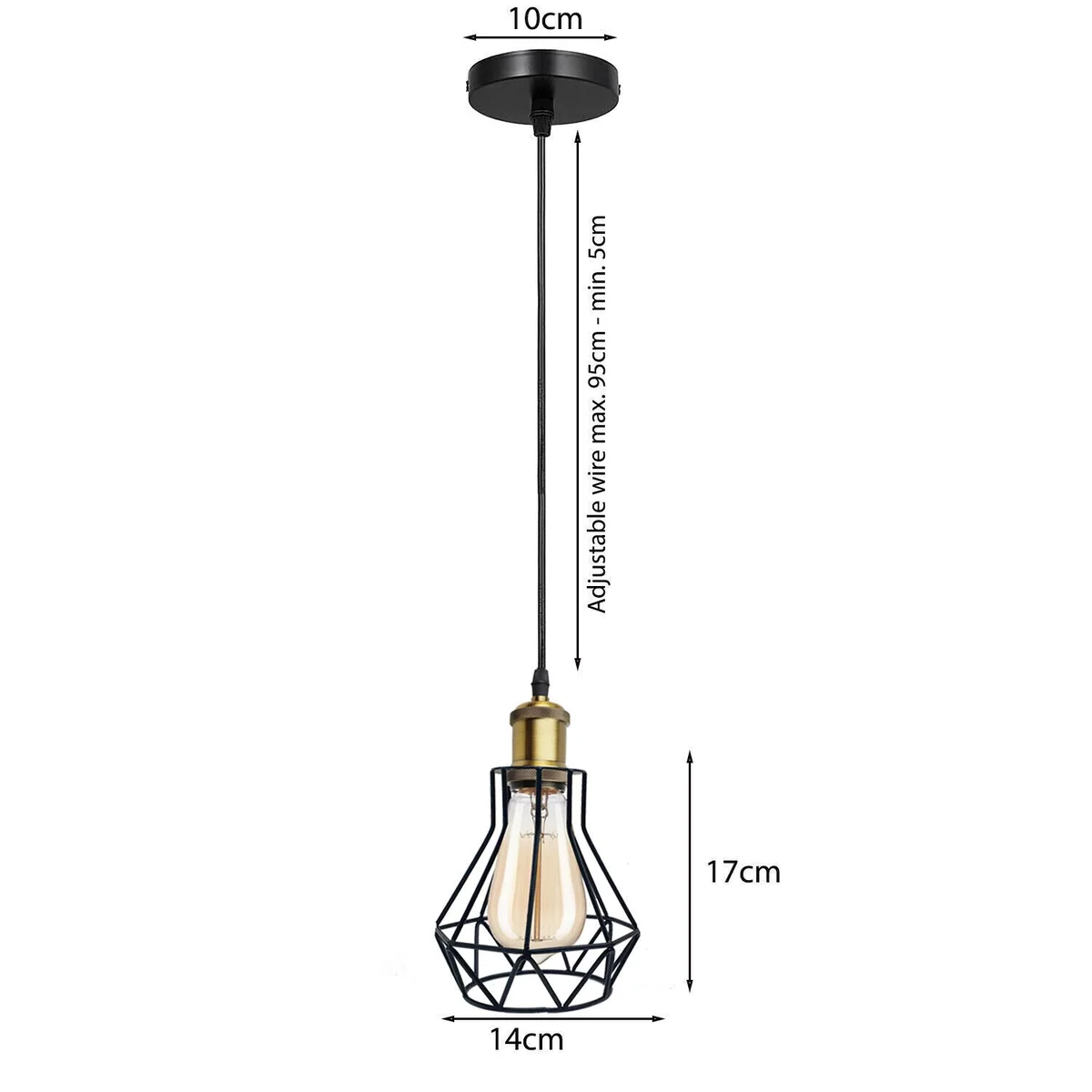 Three vintage cage pendant lights with metal cages and adjustable cables hanging from a ceiling fixture