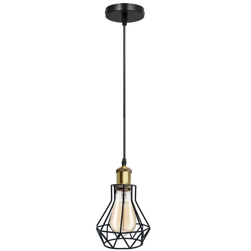 Vintage style adjustable height pendant light with three cage lamps hanging from a metal bar, warm ambient glow