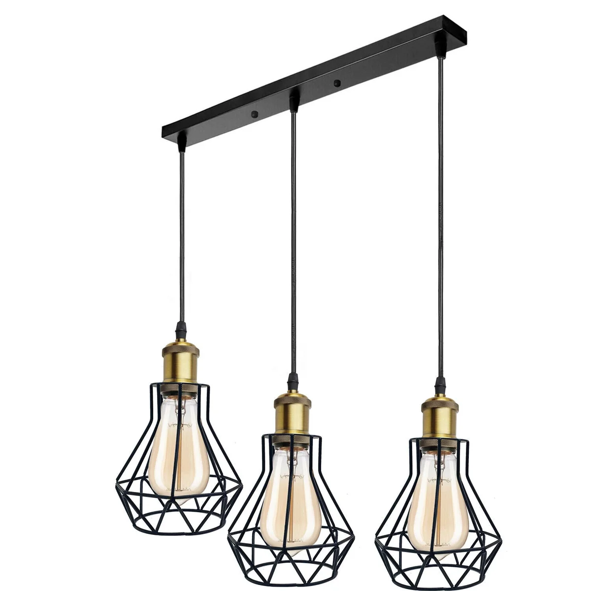 Vintage style 3 light dimmable pendant lighting with metal cage shades and adjustable 95cm cable hanging from ceiling