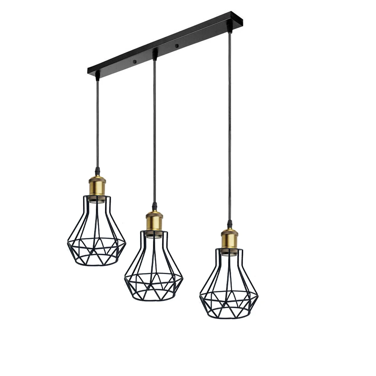 Vintage style 3 light pendant ceiling light with metal cage shades and adjustable hanging chain in warm ambient setting