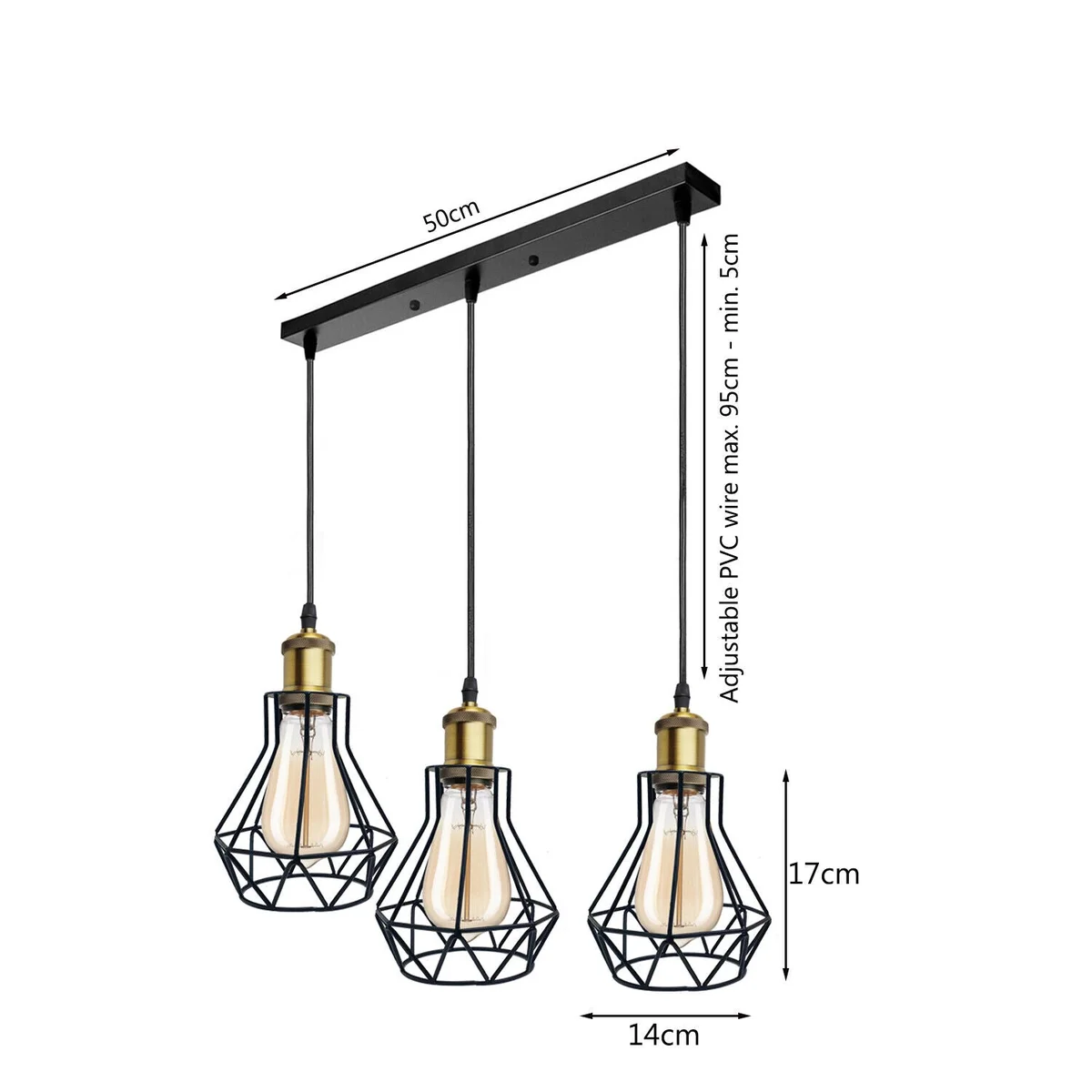 Vintage style 3 light pendant ceiling light with metal cage shades hanging from adjustable chain in a warm room setting