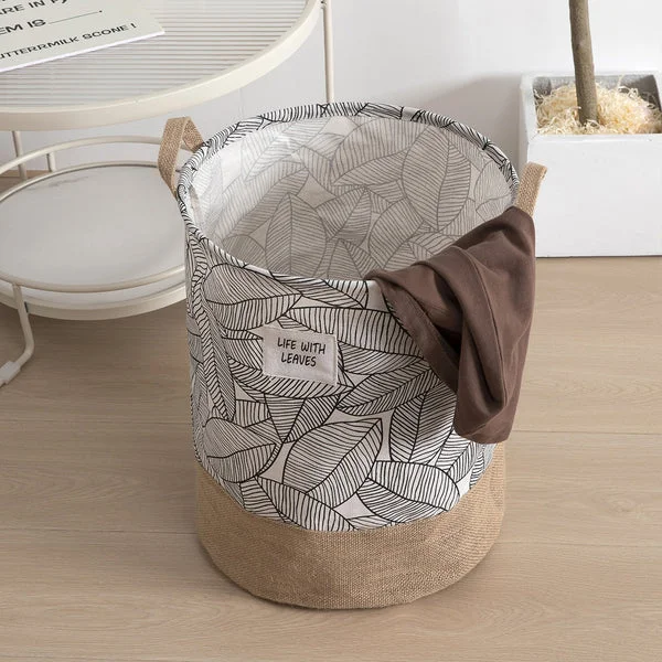 Foldable large capacity laundry basket made of cotton with waterproof lining, shown empty and standing upright