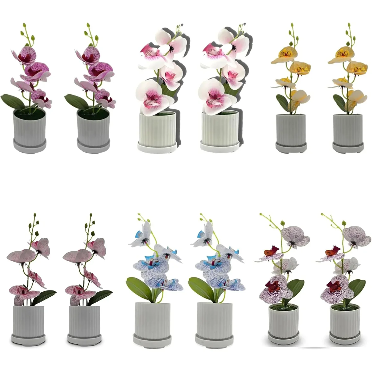 Artificial orchid plant with green leaves in a modern white pot, ideal for indoor table decoration, 30cm tall