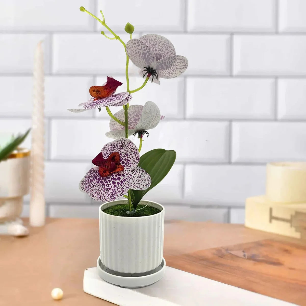 Artificial tabletop orchid plant in a modern pot with green leaves, ideal for indoor table decoration