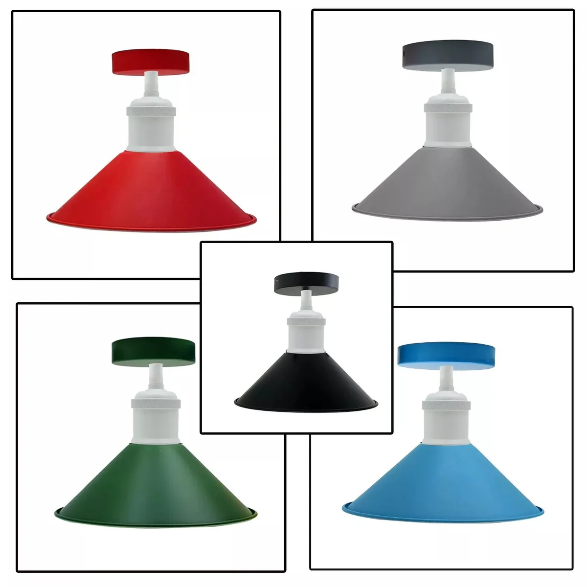 Black metal cone vintage ceiling light flush mount with white holder and ceiling rose against white background