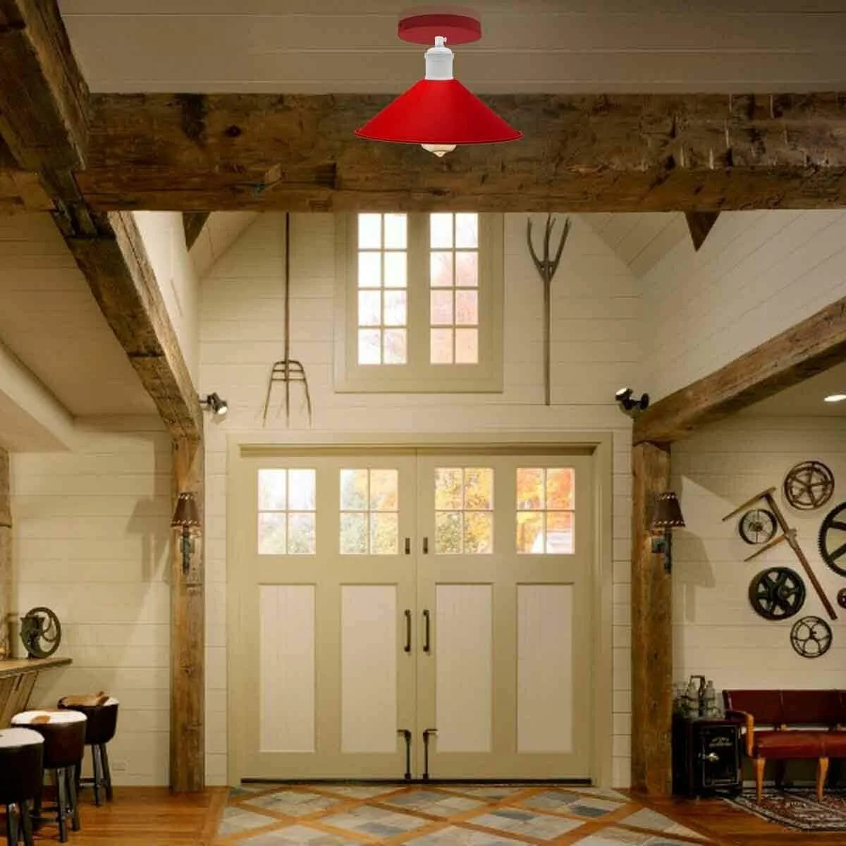 Black vintage metal cone pendant ceiling light with flush mount and white ceiling rose, classic industrial style