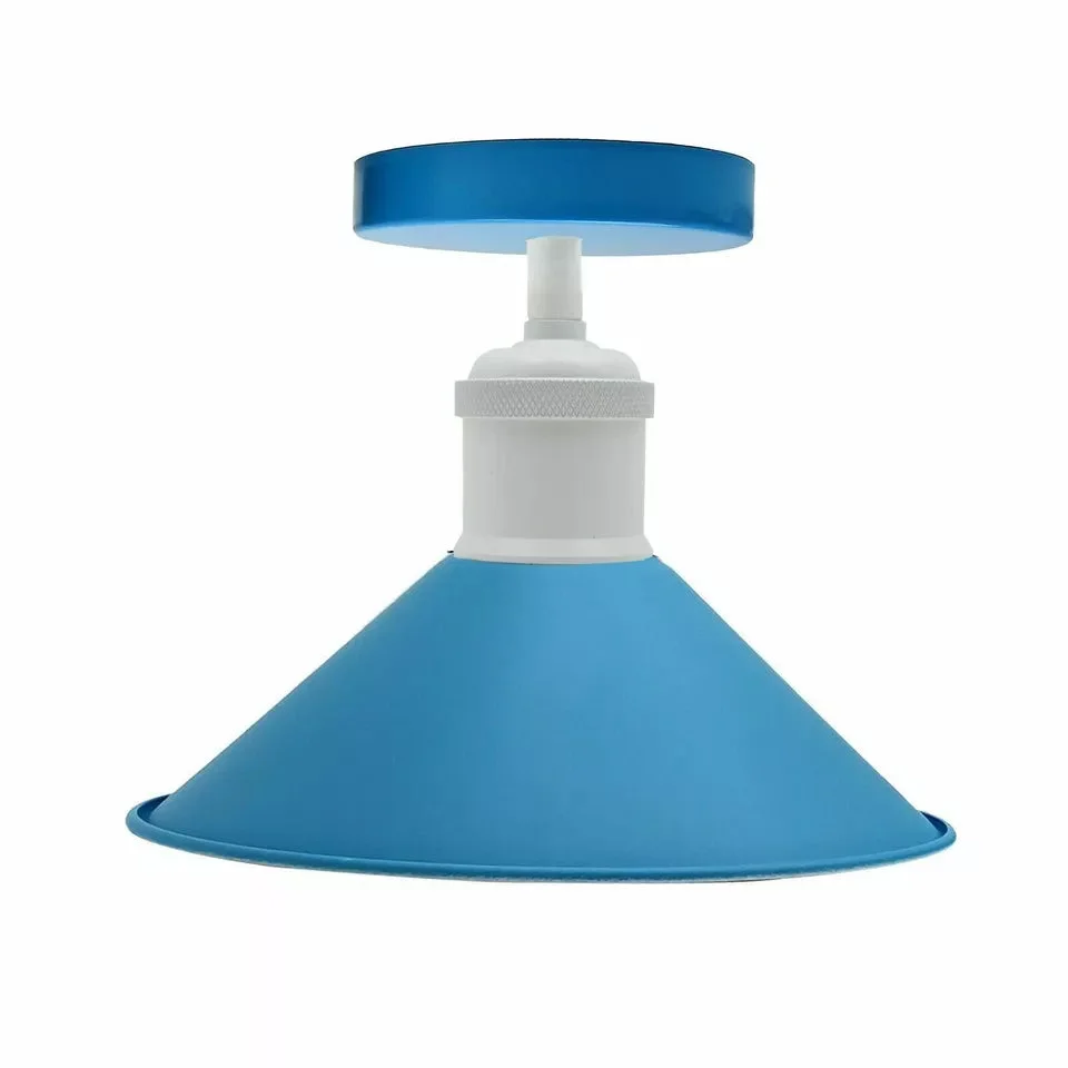 Black metal cone industrial style light flush mounted on a white ceiling with visible mounting hardware