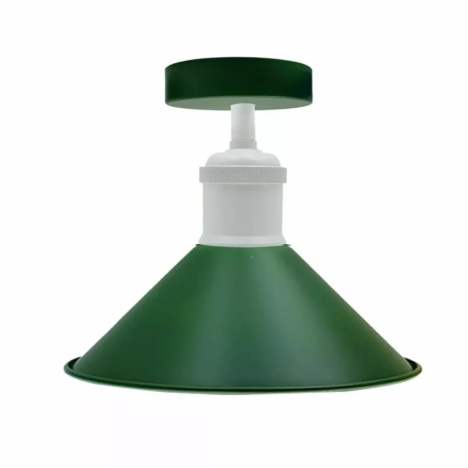 Black metal cone vintage ceiling light flush mounted on a white ceiling with visible mounting hardware and cord