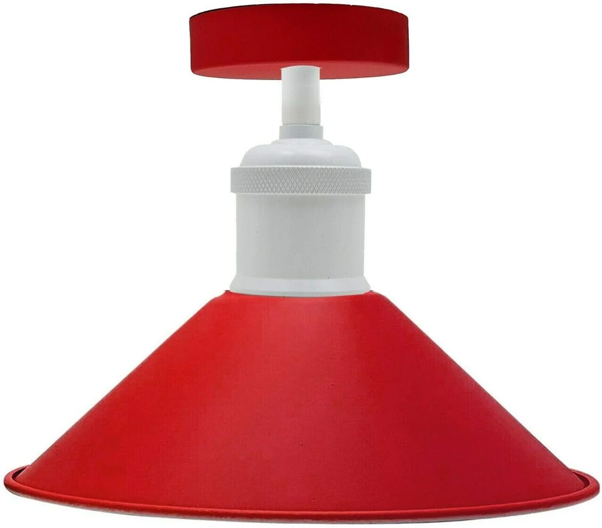 Black metal cone vintage ceiling light flush mount with white ceiling rose, shown installed on ceiling