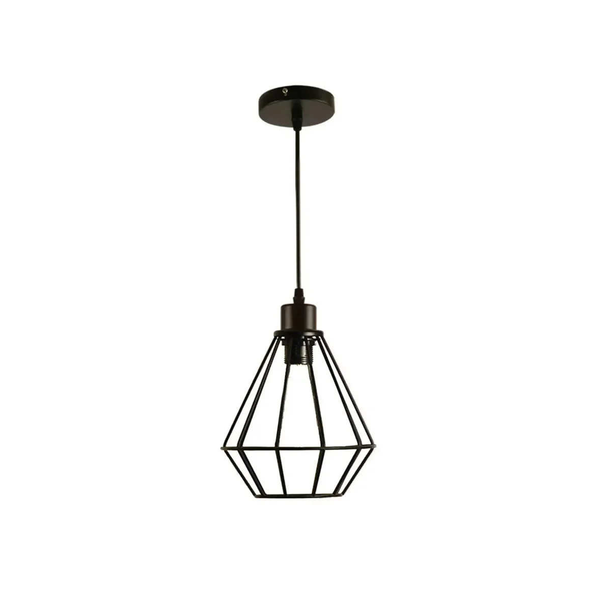 Black industrial metal cage pendant light with E27 bulb guard and ceiling mount, modern dimmable design