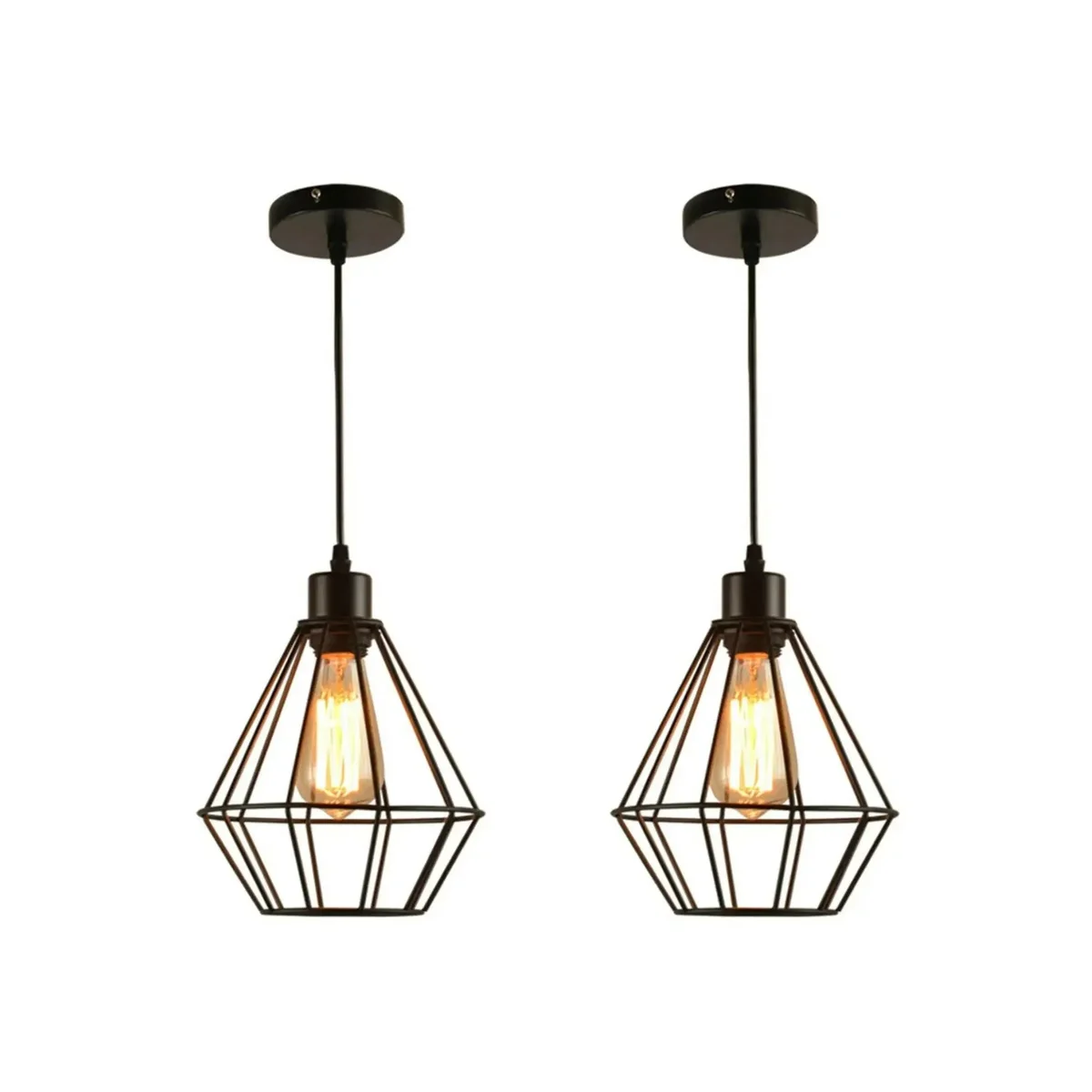 Black industrial metal wire cage ceiling pendant light with E27 bulb holder, suitable for indoor use and dimmable lighting