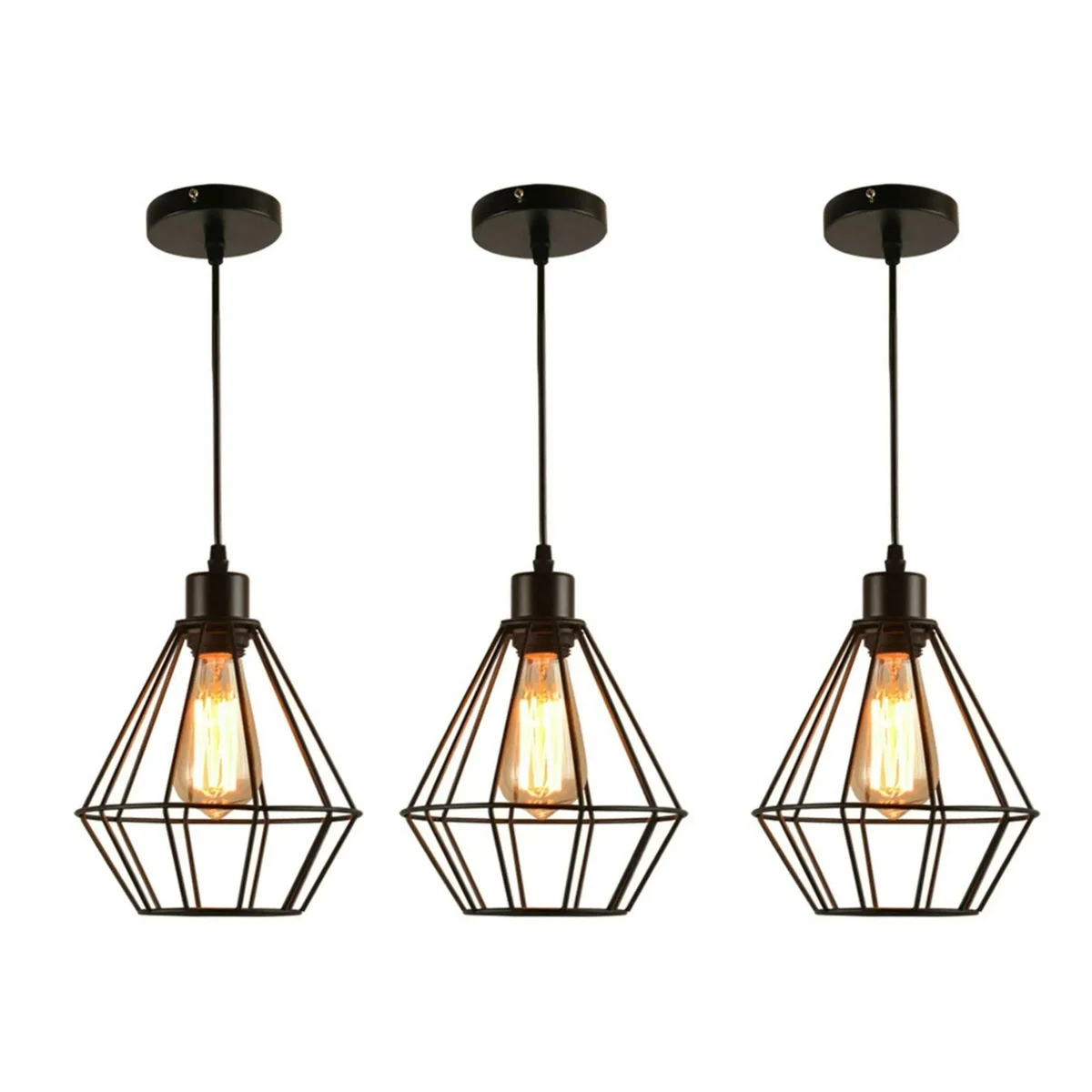 Black industrial metal wire cage ceiling light with E27 bulb, modern dimmable pendant for indoor use