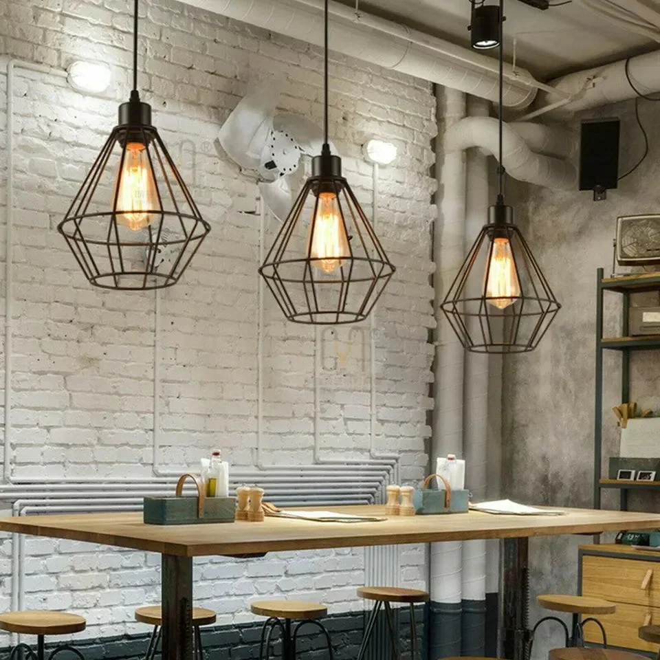 Black metal wire cage industrial pendant light with E27 bulb holder, ceiling-mounted for indoor use