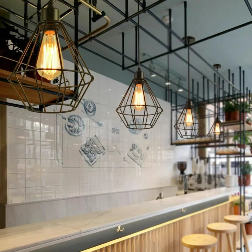 Black metal wire cage industrial pendant light with E27 bulb, ceiling-mounted, modern dimmable design for indoor use