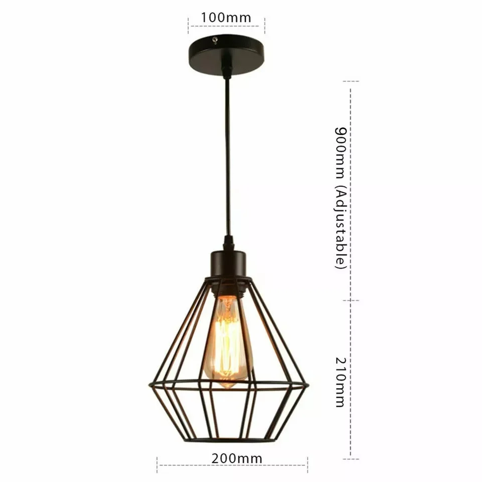 Black metal industrial pendant light with E27 bulb guard wire cage ceiling fixture, modern dimmable design