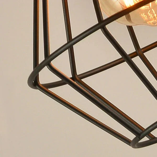 Black metal wire cage industrial pendant light with E27 bulb holder, ceiling-mounted for indoor use